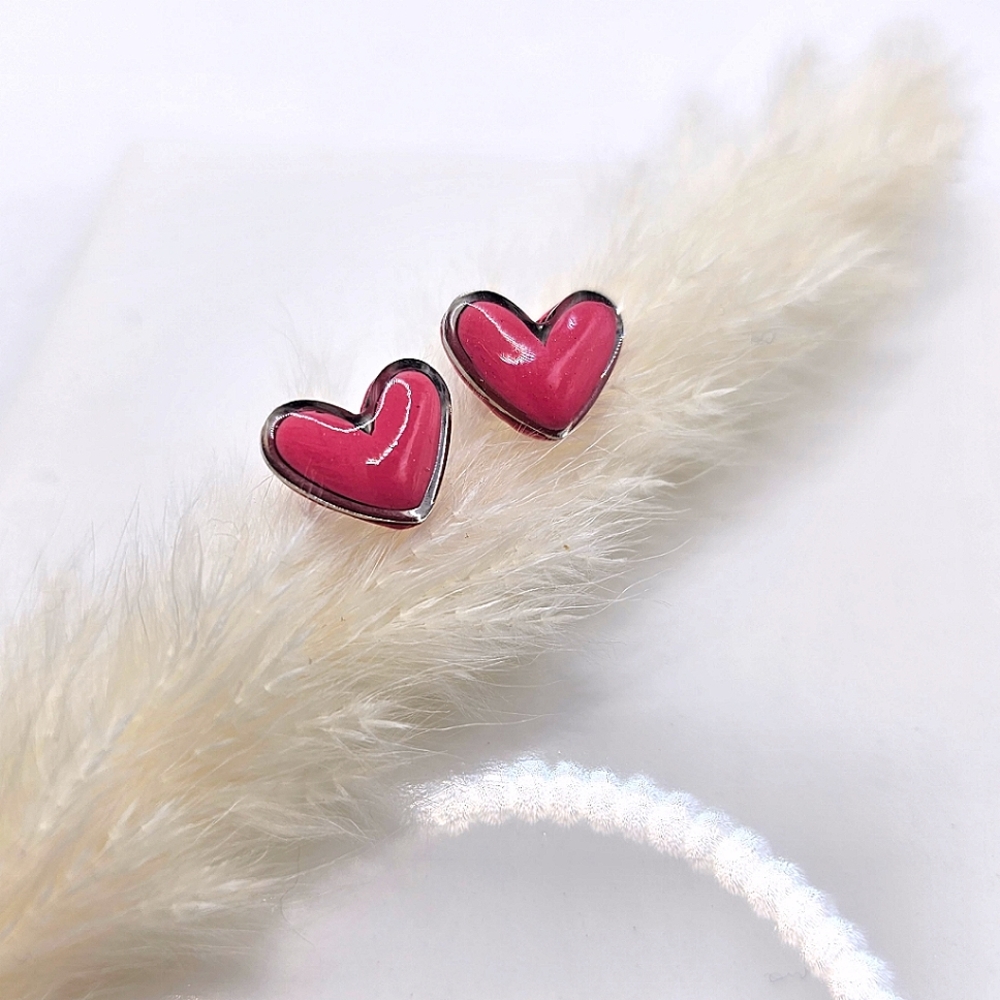 Pink & Silver Tiny Heart Polymer Clay Stud Earrings Handmade Gift Feminine Cute